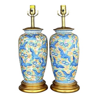 Vintage Regency Marbro Glazed Ceramic Crane Lamps - a Pair For Sale