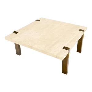 Solid Bronze Base Thick Square Solid Travertine Top Coffee Center Table
