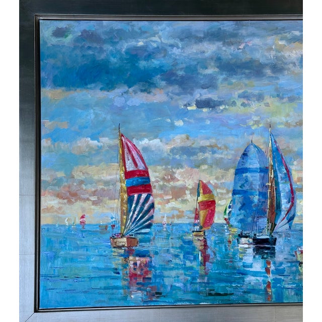 Sailboat Regatta, Original Oil on Canvas by Matt Thomas, Framed For Sale - Image 4 of 6