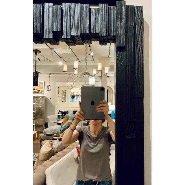 Stylish Organic Modern Rustic Carved Black Wood Floor Mirror, showroom floor sample