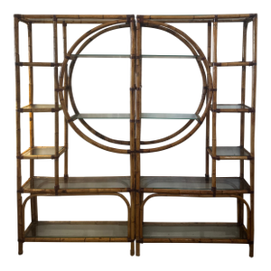 1970s Palm Beach Circle Rattan Bamboo New Glass Shelves Etagere Pair Shelf