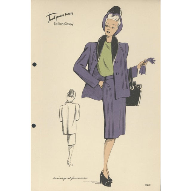 This is a set of 4 French fashion designs (croquis) for ready to wear fashion from the early 1940s. They are original to...