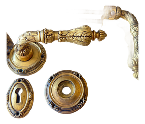 Pair of Sherle Wagner-style lever door handles / doorknobs and escutcheons // vintage hardware for French doors // cast brass with gilt