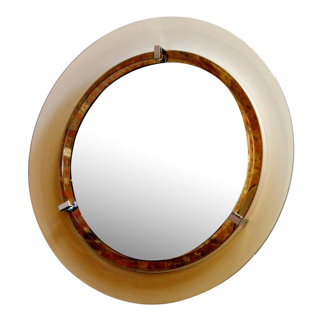 Italian Modernist Smoked Glass Circular Wall Mirror by Veca For Sale