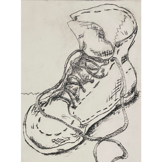 1980s unsigned etching of a shoe or hiking boot. Unsigned, deep impression. Combined shipping available, please inquire.