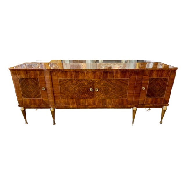 Mid Century French Inlaid Sideboard With Brass Details For Sale