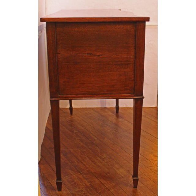 Circa 1870 English Georgian Style Serpentine Form Sideboard. Mahogany with oak secondary wood. Graceful small size raised...