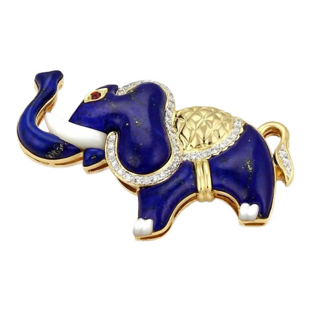 Lapis Ruby & Mother of Pearl 18k Gold Diamond Elephant Pin Brooch Pendant For Sale