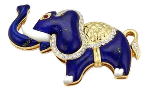 Lapis Ruby & Mother of Pearl 18k Gold Diamond Elephant Pin Brooch Pendant