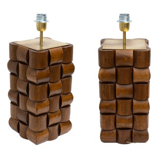 Sculptural Teak and Brass Table Lamps, Italy, 2000, Set of 2 For Sale