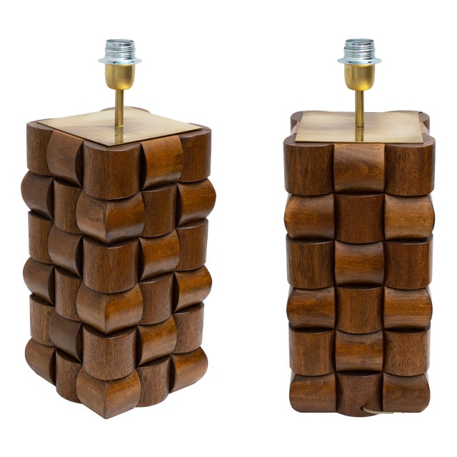 Sculptural Teak and Brass Table Lamps, Italy, 2000, Set of 2 For Sale