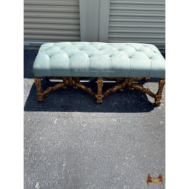 1960s 1960s Louis XV Style Gilded Bench French Rococo Upholstered Ottoman, Entryway Vanity Seating For Sale - Image 5 of 6