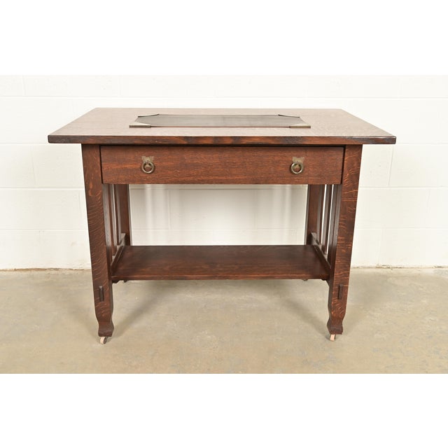 Roycroft Arts & Crafts Brass Finished Hammered Copper Blotter Corners With Leather Desk Blotter For Sale - Image 12 of 13