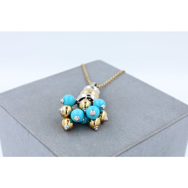 Blue Turquoise Diamonds Golden Sphere Bells Motif Two Tone Gold Pendant Necklace For Sale - Image 11 of 15