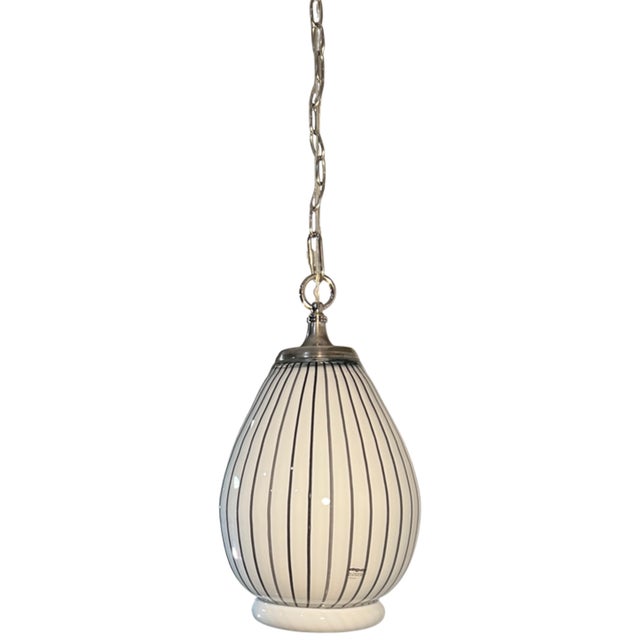 Vintage Murano Striscia Art Glass White Oval Pendant Light With Black Stripes For Sale - Image 10 of 18