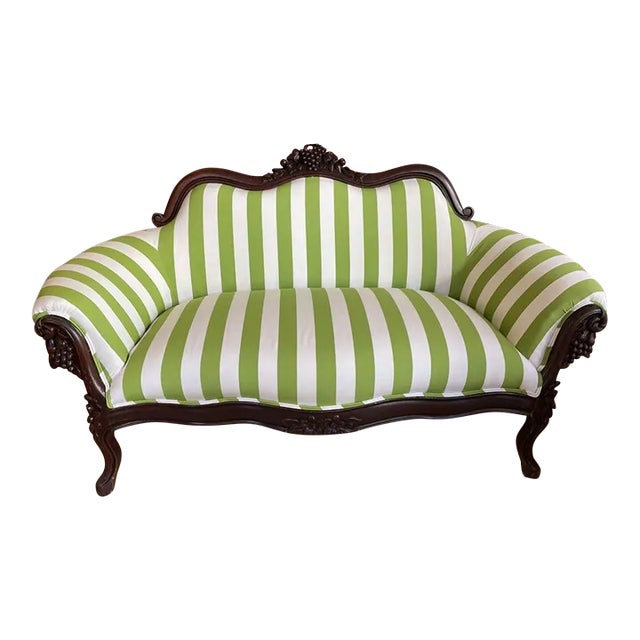 1910s Victorian Settee Reupholstered in Green and White Italian Sunbrella For Sale