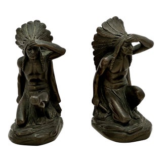 Large & Unusual Antique Native American Indian Motif Bronze Clad Bookends Signed Ruhl - Circa 1910s For Sale