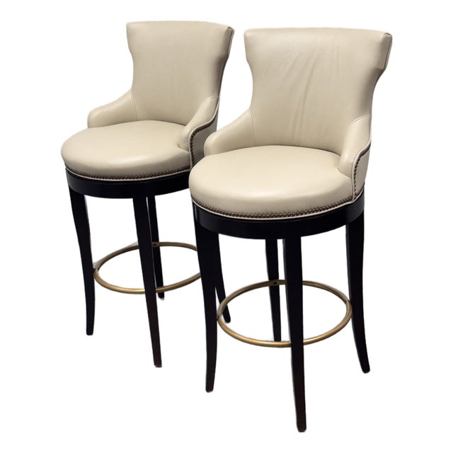 Century Furniture Tracy Swivel Leather Barstools, Pair For Sale