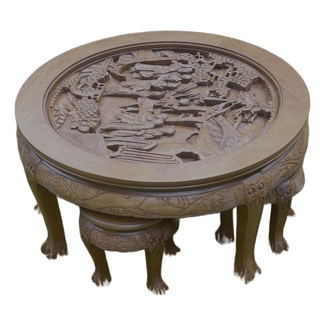 1970s Vintage, Hand-Carved, Fruitwood Coffee Table Set, Complete With Round Protective Glass and Four Matching Stools - Set of 6 For Sale
