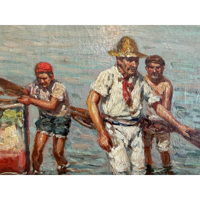 Early 20th Century Giuseppe Giardiello (Italia 1870-1920) Antique Oil Painting Fishermen Seascape For Sale - Image 11 of 12