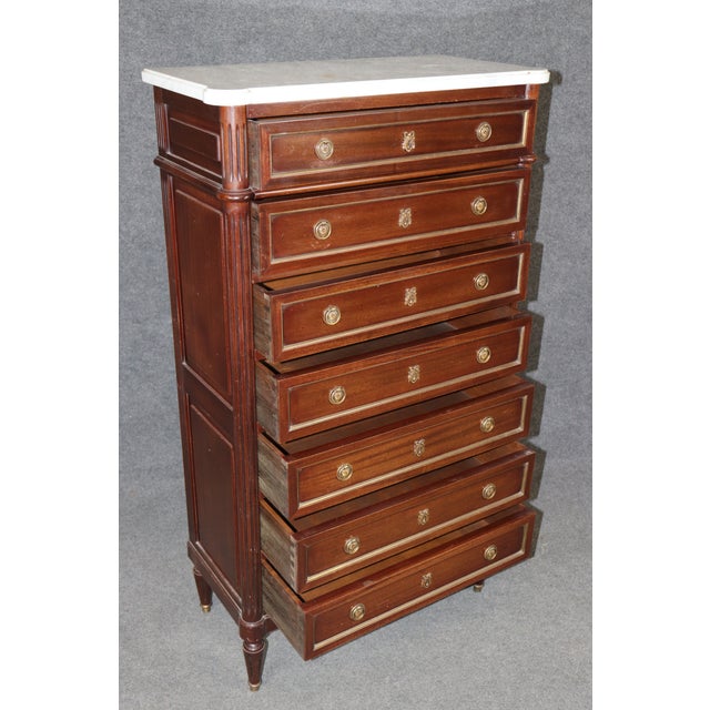 Early 20th Century Antique French Louis XVI Style Marble Top Brass Mounted 7 Drawer High Chest For Sale - Image 5 of 13