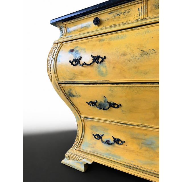 Mustard French Provincial Bombe Commode With Marble Top in Distressed Mustard Finish For Sale - Image 8 of 14
