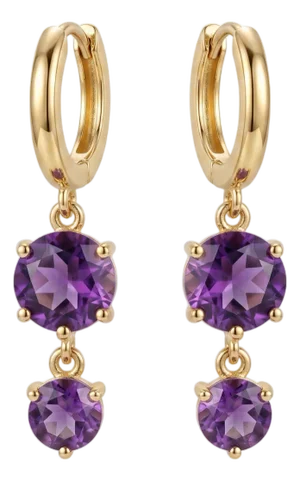 Dainty Amethyst Double Stone Huggie Hoop Drop Earrings - A Pair