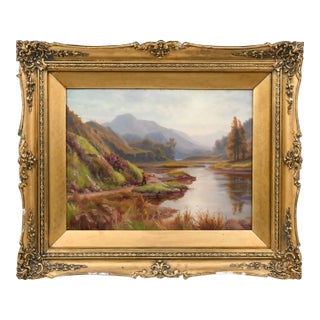 19th Century Victorian Oil on Canvas of Highland Valley Loch in Elaborate Gilt Frame For Sale