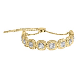 14k Yellow Gold Plated .925 Sterling 5/8 Cttw Diamond Composite Cushion Frame 4”-10” Adjustable Bolo Bracelet (G-H Color, I1-I2 Clarity) For Sale