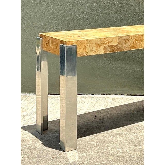 Vintage Laminate Burl Wood and Chrome Console Table For Sale - Image 13 of 18