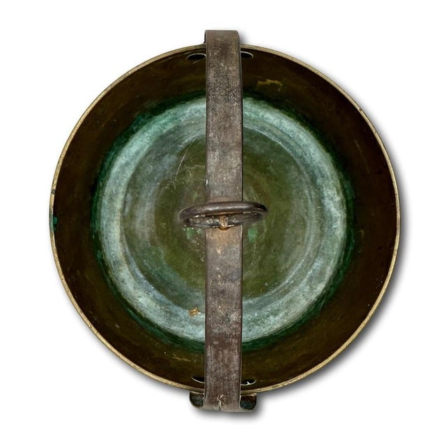 Brass Unusual Mid 1800s Antique Heavy Brass & Hand Wrought Iron Fireplace Hearth Hanging Cooking Pot For Sale - Image 8 of 18