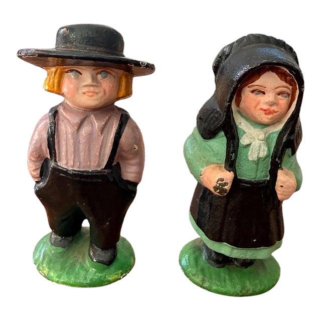 Vintage Miniature Cast Iron Amish Boy Girl Figurines Pa Dutch Folk Art Paperweight For Sale
