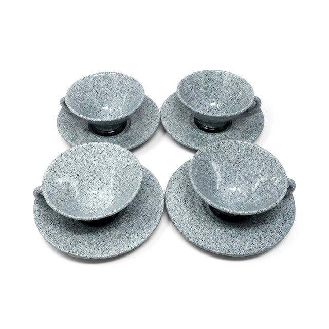 A 1980s set of four cups, four saucers, and a pitcher by Italian ceramics manufacturer Baldelli. Gray, black and white...