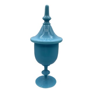 Vintage French Portieux Vallerysthal Blue Opaline Glass Lidded Wine Goblet For Sale