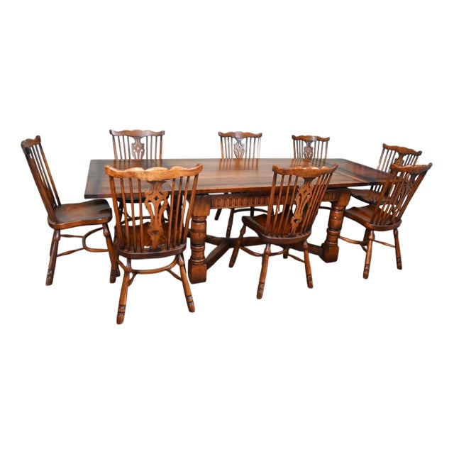 Oak Refectory Table and Windsor Dining Chairs, Set of 9 For Sale