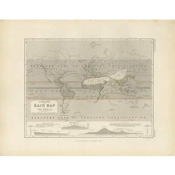 Antique Rain Map of the World by Johnston, 1850 For Sale