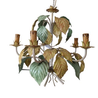 1950's Tole Green and Yellow Leaf Chandelier For Sale