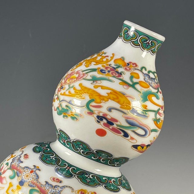 Ceramic Vintage Chinese Famille Rose "Five Blessings" Double Gourd Vase With 1977 Art Gallery Label For Sale - Image 7 of 9