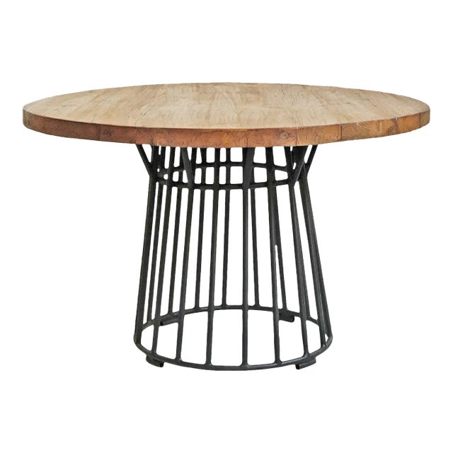 Modern Round Teak & Iron Dining Table For Sale