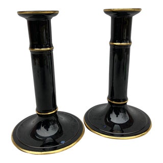 Late 19th Century Aesthetic Black and Gilt Terra Cotta Candlesticks- a Pair For Sale