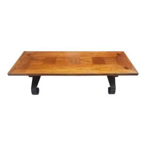 1960s Lane Furniture Brutalist Oak Parquetry and Iron Coffee Table