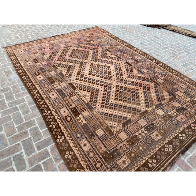 Handwoven Maimana Ghalmori Kilim Rug in Brown, Blue and Rose, 9.6 X 13.6 Ft For Sale - Image 6 of 12