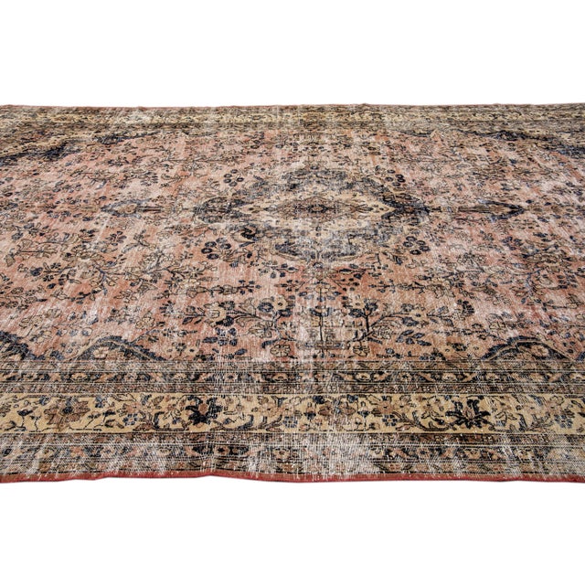 1960s Vintage Persian Distressed Peach Handmade Floral Wool Rug For Sale - Image 5 of 7