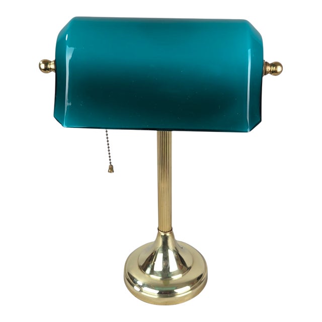1970s Mid-Century Modern Art Deco Brass and Teal Glass Banker's Desk Lamp For Sale