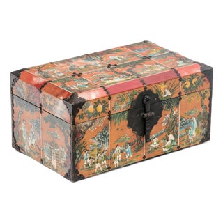 Vintage Chinese Painted Jewelry Box With Metal Mounts For Sale