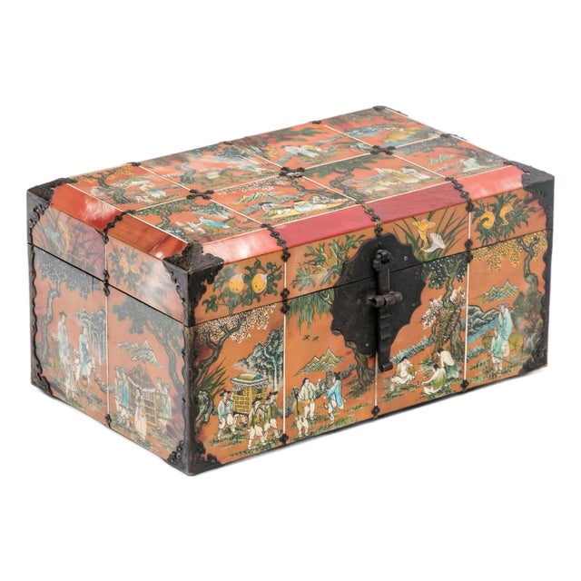 Vintage Chinese Painted Jewelry Box With Metal Mounts For Sale
