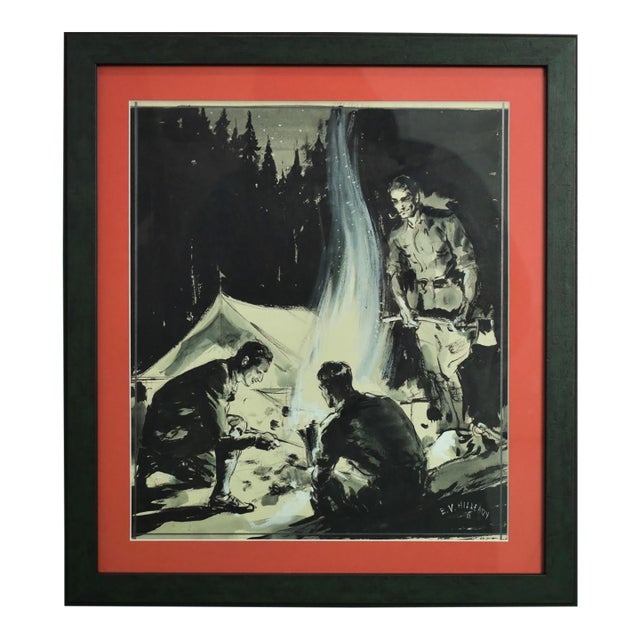 Abercrombie & Fitch Camping Gouache Signed e.v. Hilleary & Dated 1935 For Sale