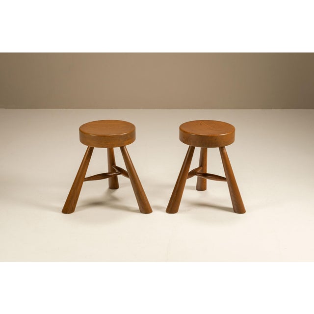 Charlotte Perriand Three-Legged Stools in Ash in the style of Charlotte Perriand, 1970s, Set of 2 For Sale - Image 4 of 9