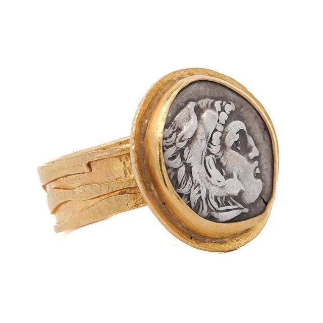 Mediterranean Vintage 22k Yellow Gold Alexander III the Great Antique Roman Coin Ring Size 9.75 For Sale - Image 3 of 7