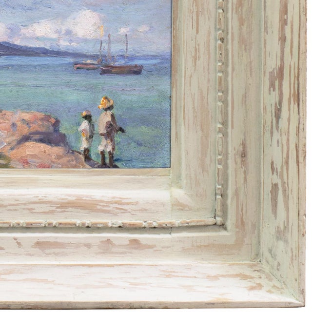 Mid-Century Modern 'Coastal Fishing', Mid-Century Modern Oil, Island Landscape, Cerulean Blue, Circa 1945 For Sale - Image 3 of 9